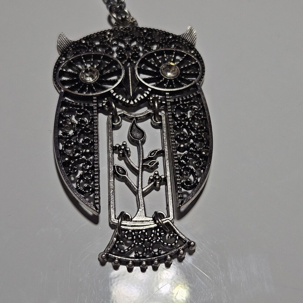 *Sale* Silver Tone Articulated Owl Pendant Clear Rhinestone Necklace 30-33"
